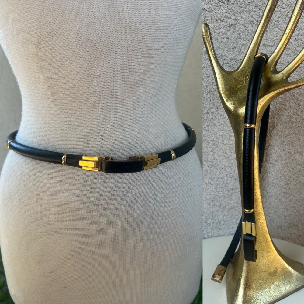 Vintage 80s waist skinny belt black round leather gold tone accents fits 29”